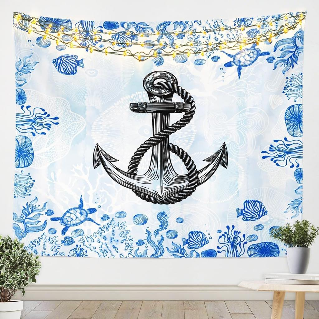 Nautisches Anker-Wandteppich, Marineblau Skizze Muschel Koralle Fisch Wandbehang Kunst für Kinder Mädchen Jugendliche Zimmerdekor, Unterwasserwelt