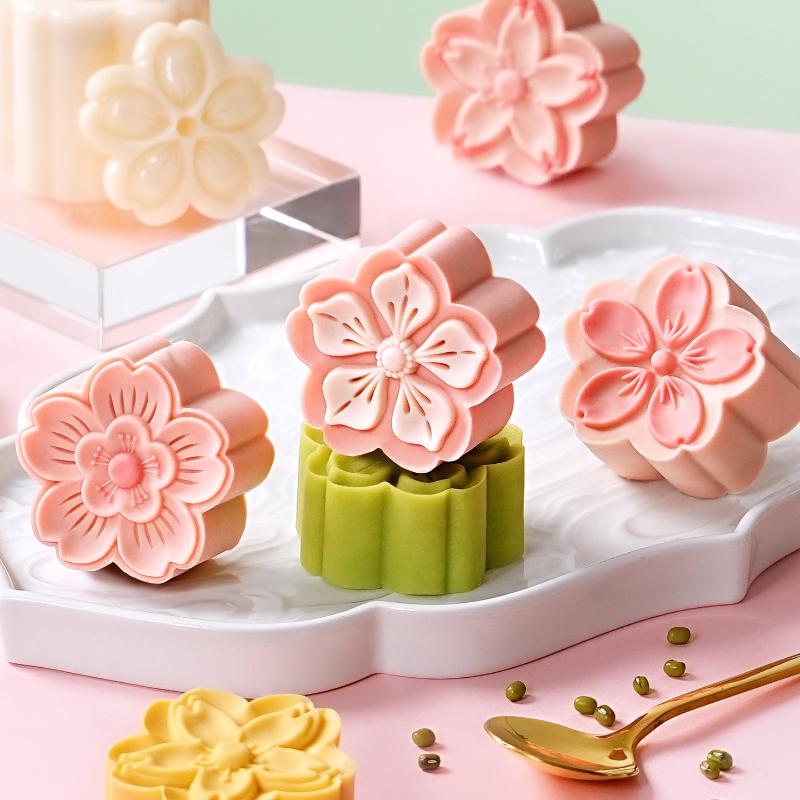 Mid Autumn Festival Round Mooncake Mold Cherry Blossom Shape Pastry Tools Diy Fondant Cake Decoration Tools Hand Press Mold