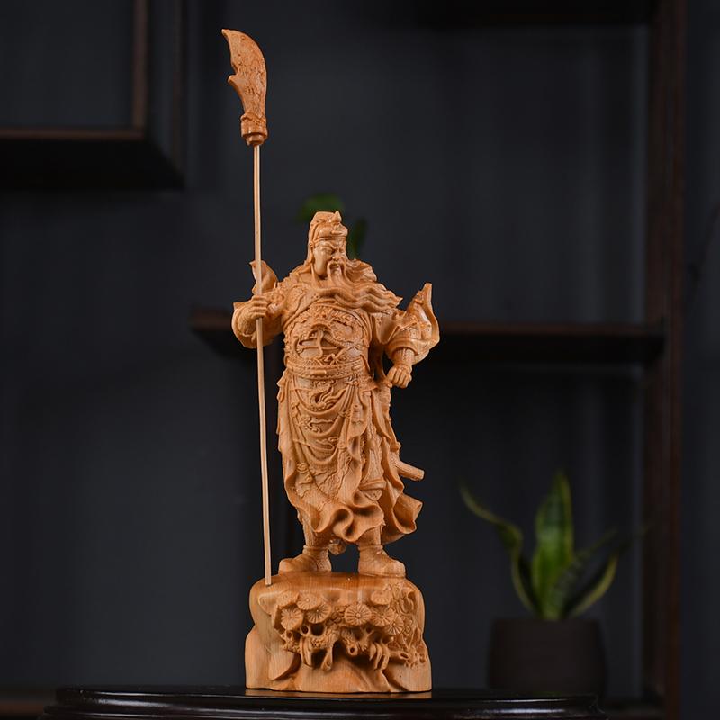 Natural Cypress Character Guan Gong Sculptures and Figurines Solid Wood Carving Home Room Office Wealth Luck Feng Shui Decor