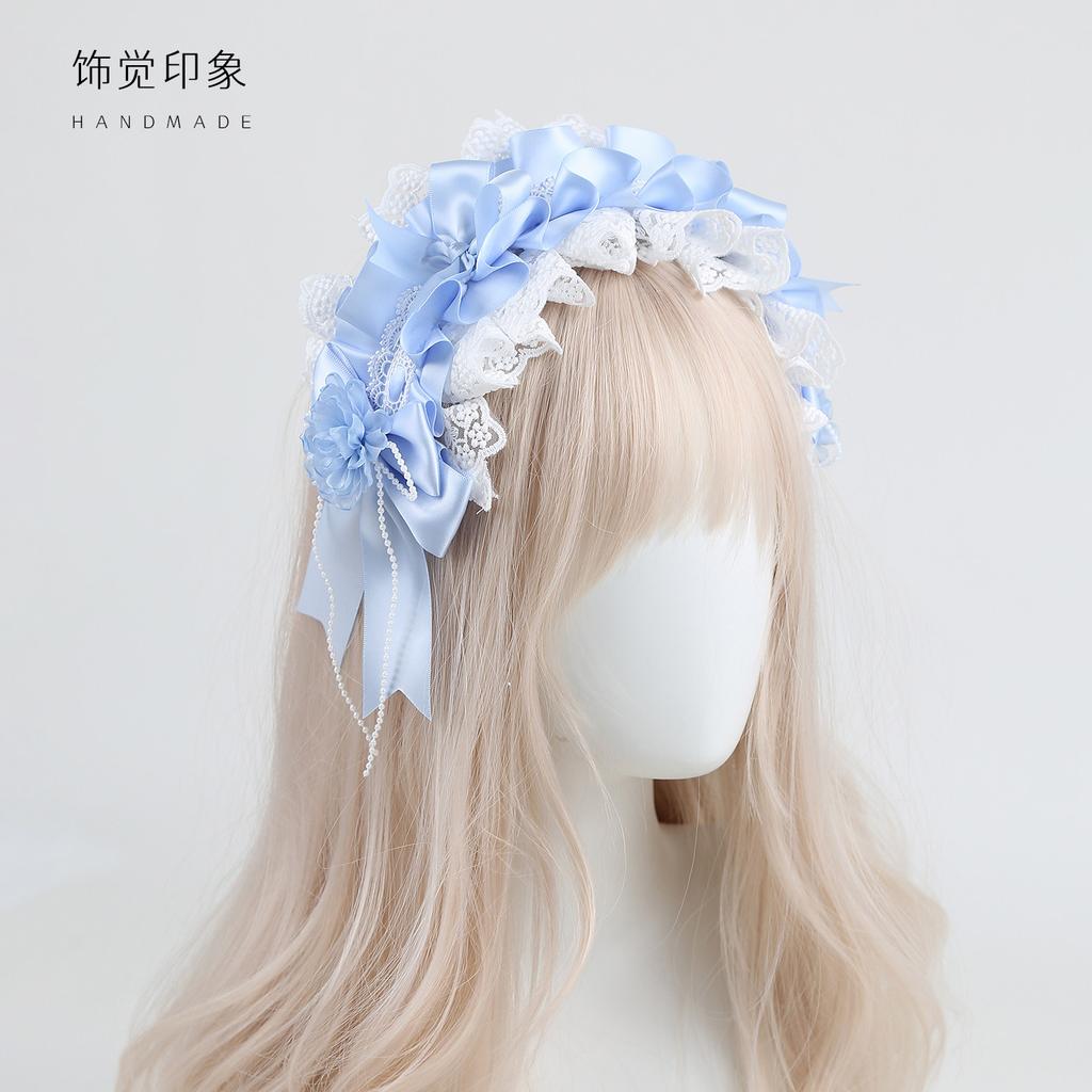 Hand Embroidered Flower Ball Lolita Headdress Original Handmade Lolita Blue White Lace Bow Hair Accessories Headband Top Hat