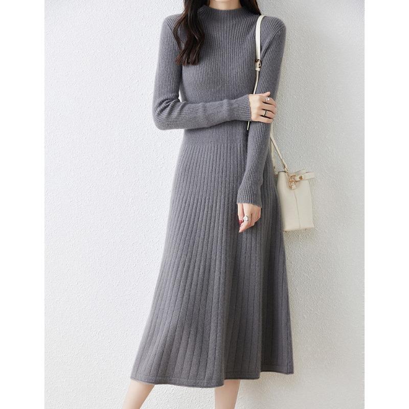 Semi-turtleneck Solid-color Sweater Skirt Femininity Elegant Style Slim-fitting Autumn and Winter Knee-length Bottoming Knitted Dress