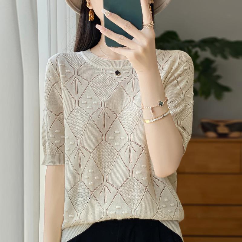 Women Knit T-shirt Summer Knitted Shirt Short Sleeve Tees O-neck Pullover Knit Tops Female