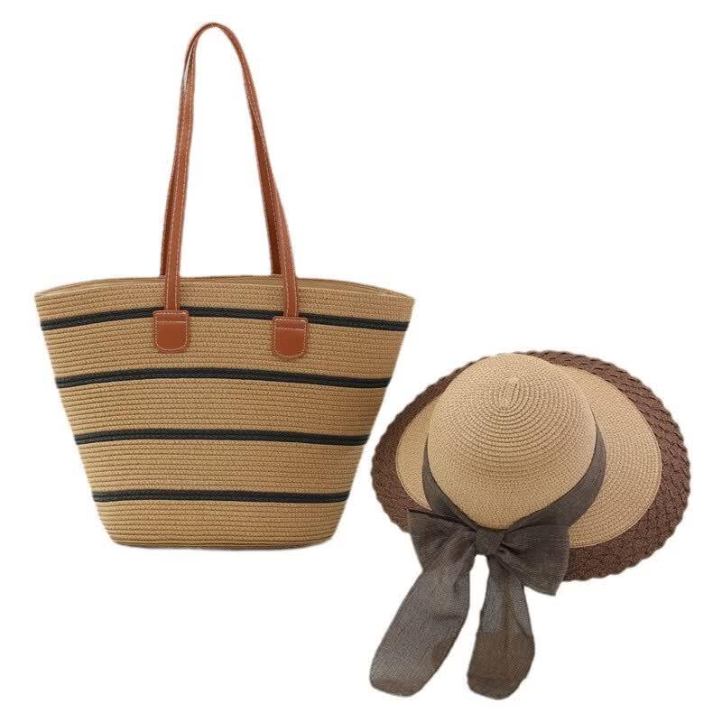 Mei Wan Er Striped Straw Beach Bag Set