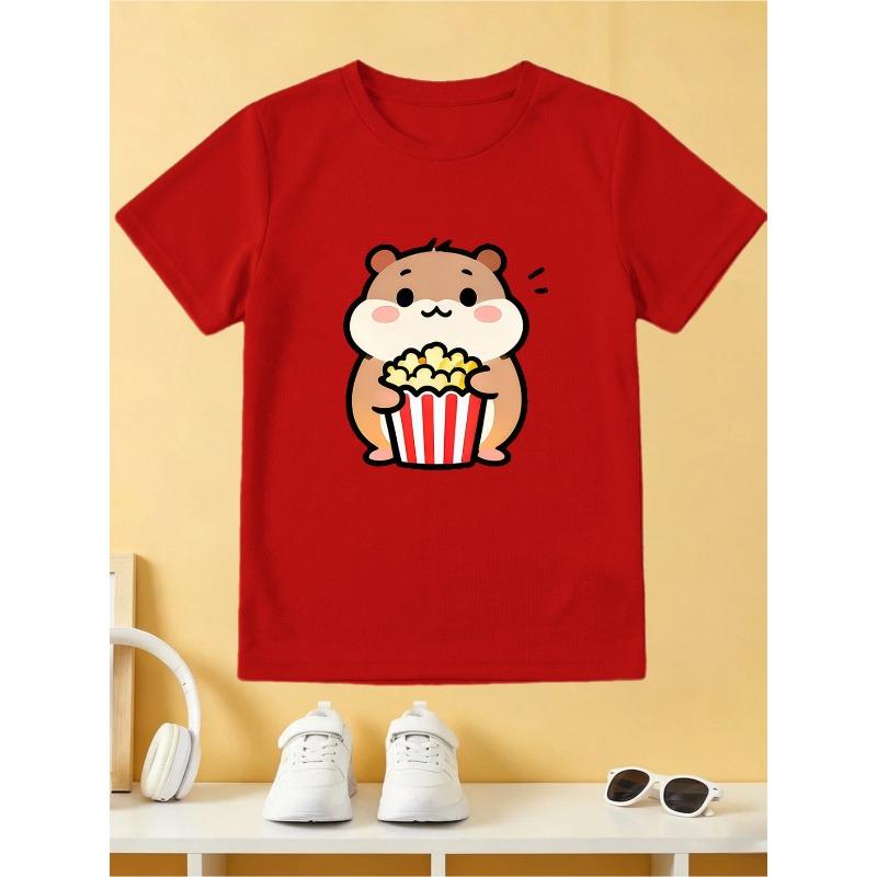European Sizes Boys Cute Hamster Eating Popcorn Graphic T-Shirt, Crew Neck Short Sleeve Tee, Casual Breathable Kids Shirt