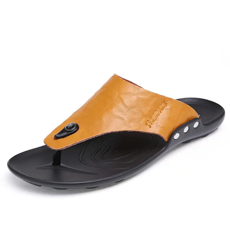 Fashion Men's Shoe Flat Outdoor Beach Leather Shiatsu Male Slipper Slides Flip Flops Original Y2k 2025 Style Cheap Shoes Liquidation Fun