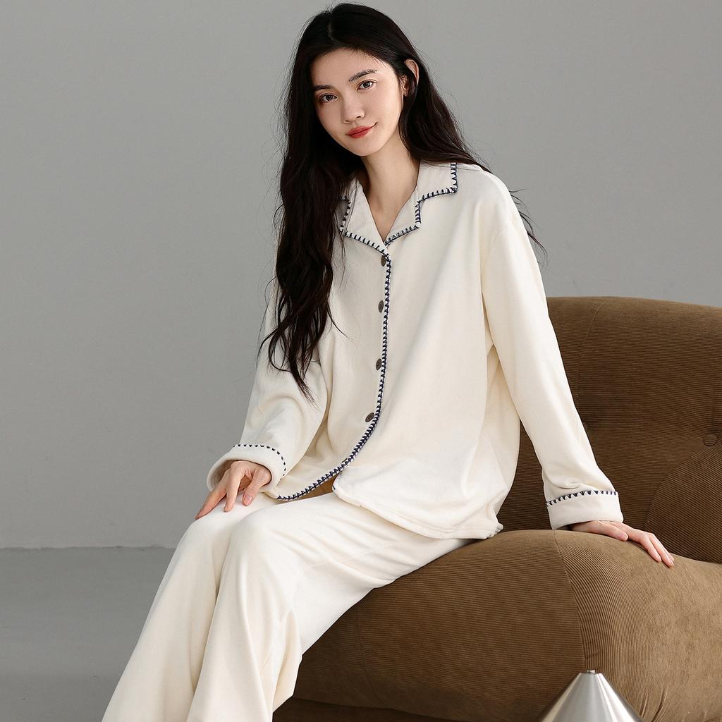 Island Fleece Pajamas Women'S Autumn And Winter Winter Thin Fleece Cardigan Long-Sleeved Lapel Coral Fleece Warm Loungewear Set