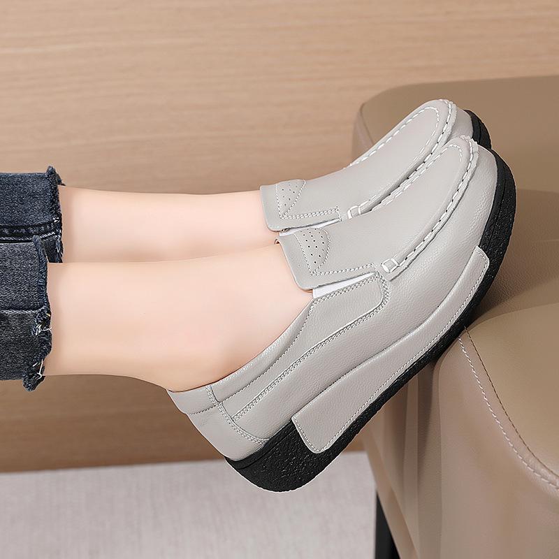 Spring and Autumn Soft Leather Thick Soled Sponge Cake Shoes, Slope Heel Casual Single Shoes, One Step Lazy Shoes, Waterproof Platform Women's Shoes
