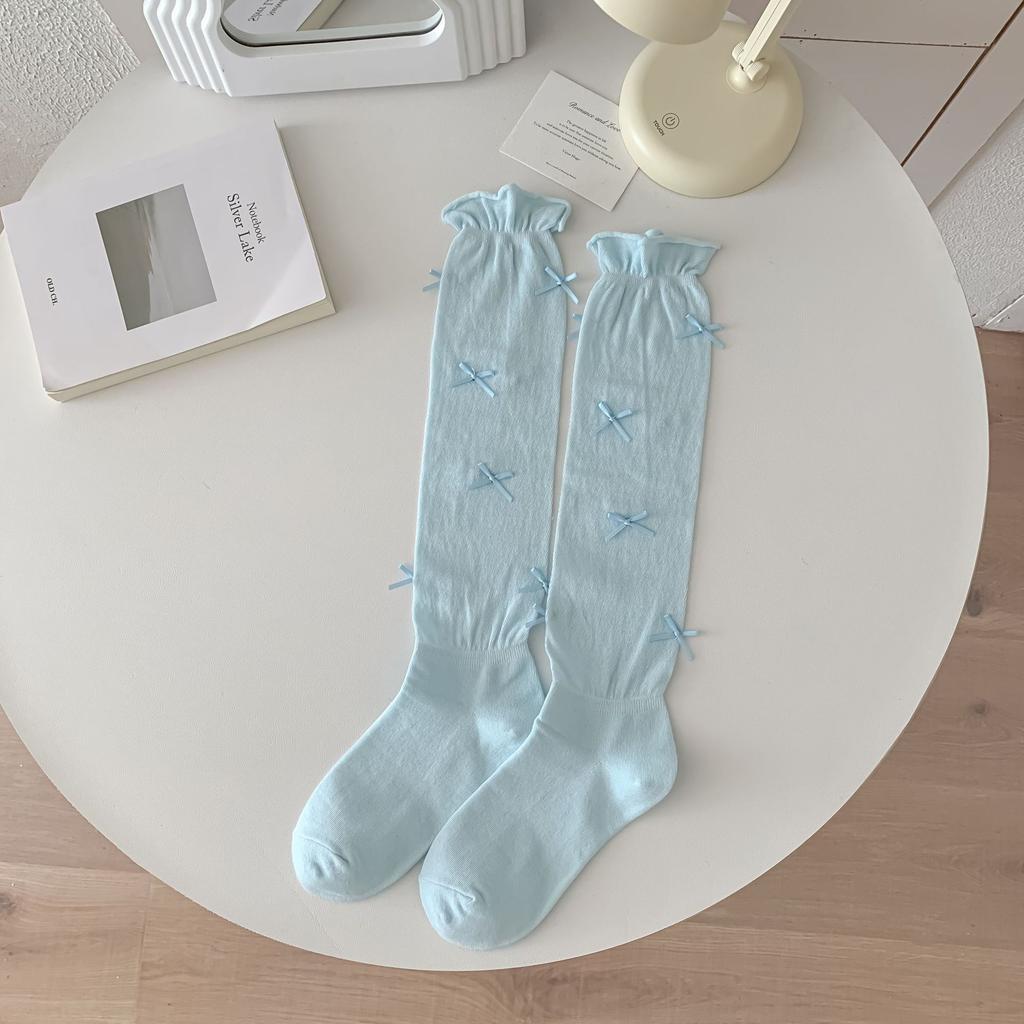 Season Thin Lace Bow Calf Socks Curled Edge Cute Korean Solid Color Girl Style Stacking Socks
