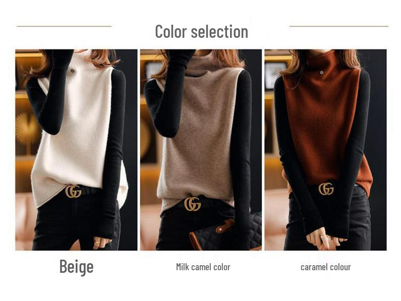 Women's Cashmere Sweater Vest: High Neck, Button-Up, Sleeveless, Loose Fit, Slimming, Wool Knit – Perfect for Autumn and Winter.