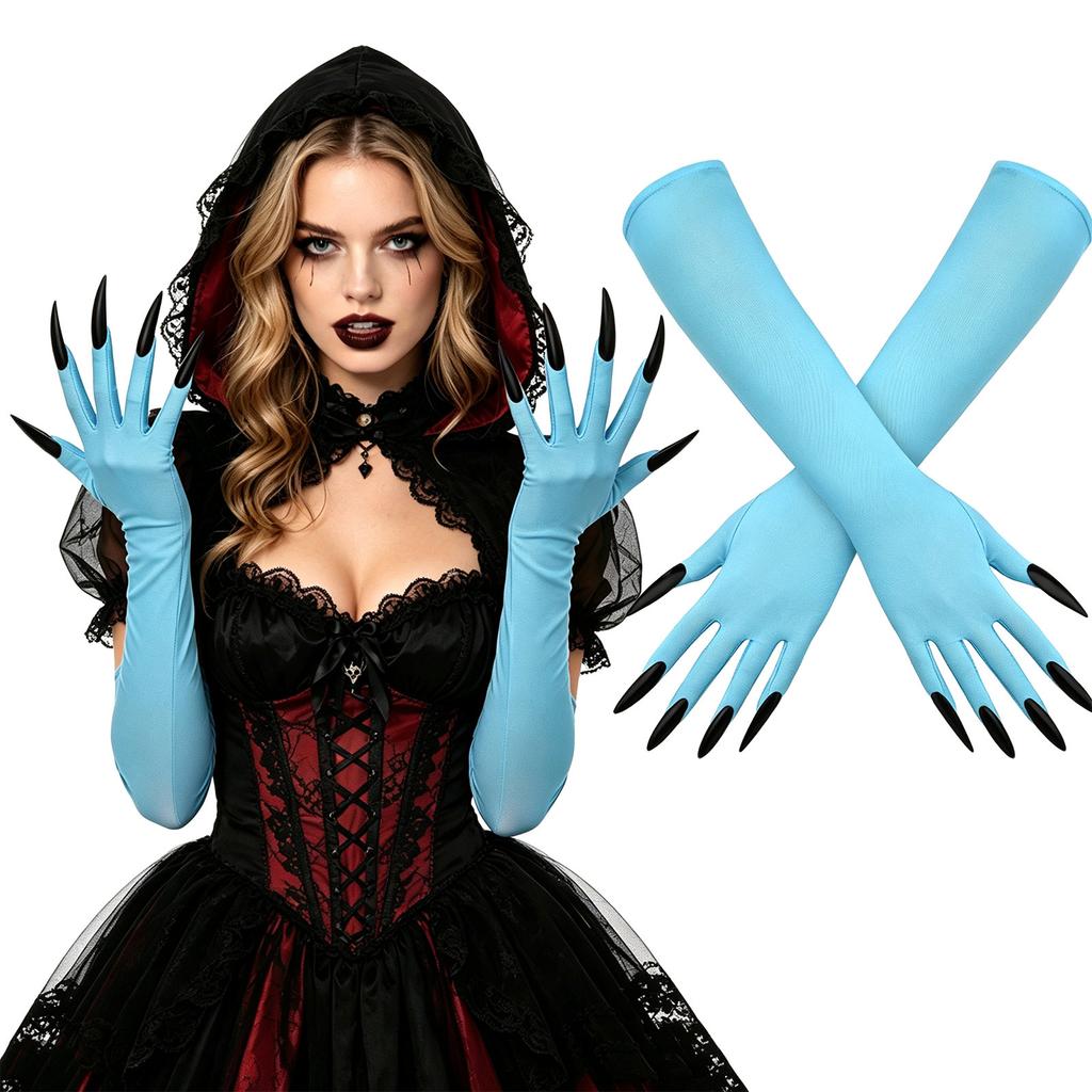 Women's Halloween Witch Long Gloves with Fake Nails - Dark Gothic Stretchy Gloves for Cosplay Party