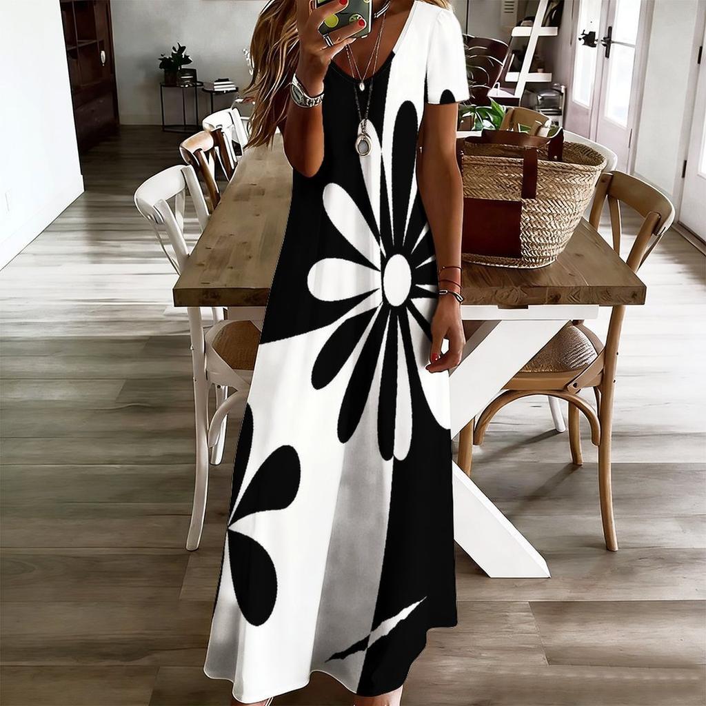 Women Plus Size V Neck Short Sleeve Black White Printed Straight Long Dress