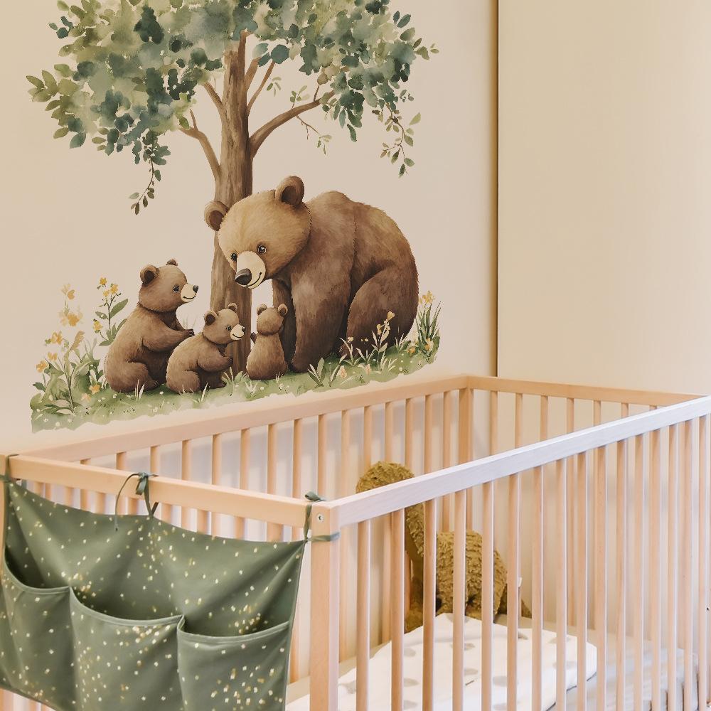Cartoon Parent-child Brown Bear Bedroom Living Room Entrance Hall Home Background Beautification Wall Stickers