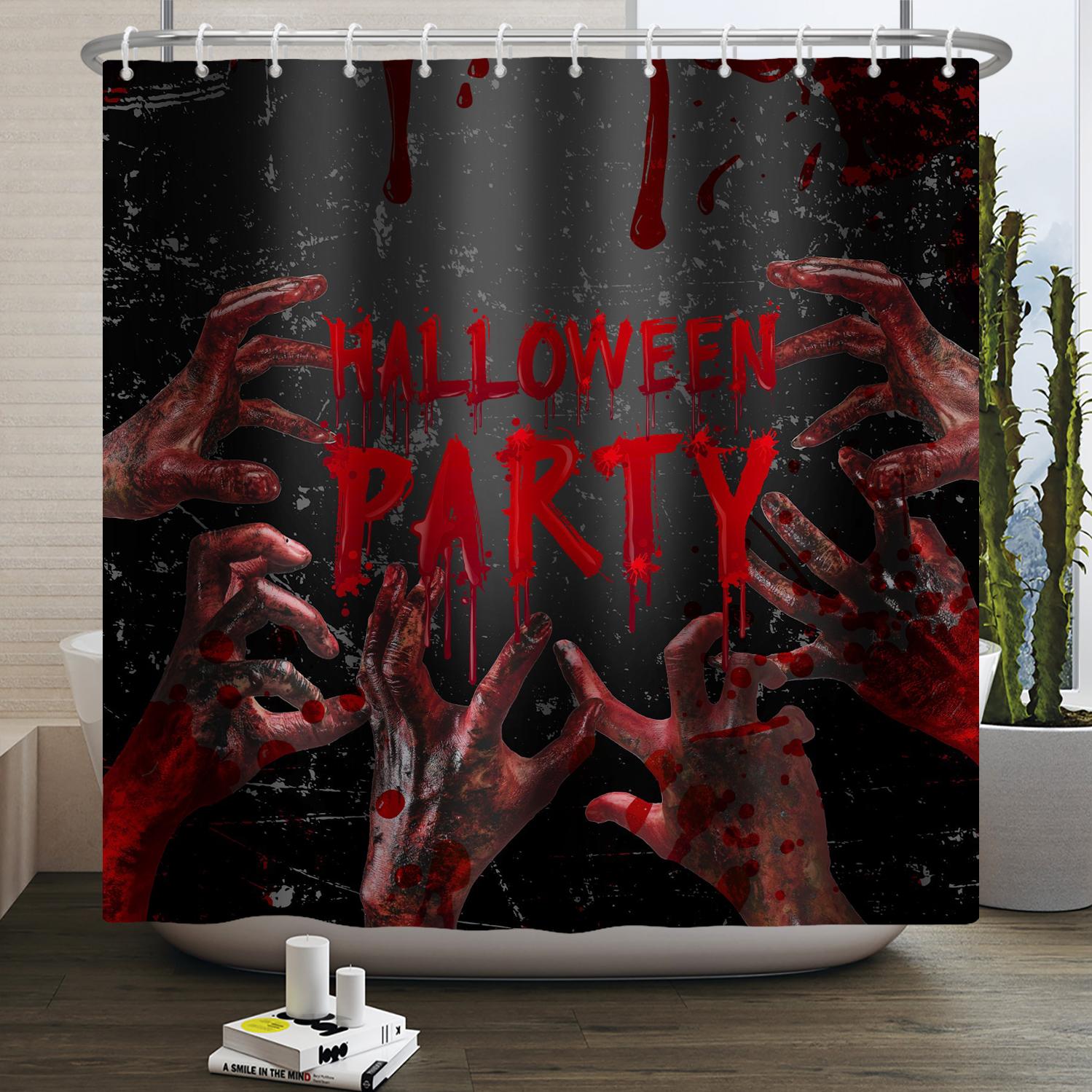 Хэллоуин Занавеска для душа Ночь ужасов Кровавые руки Жуткий зомби Череп Страшный Хэллоуин Водонепроницаемая Ванная комната Занавеска для душа 90x180cm