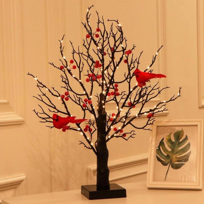 Wire Bulb Decorations Battery Operated Led Vintage Glowing Tree With Cardinals Festive Holiday Party For Halloween For Holidays
