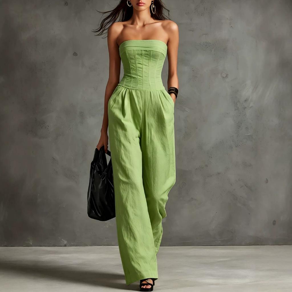 Women's Strapless Cotton Linen Jumpsuit Vintage Style Sleeveless Wide Leg Outfit for Casual or Formal Occasions