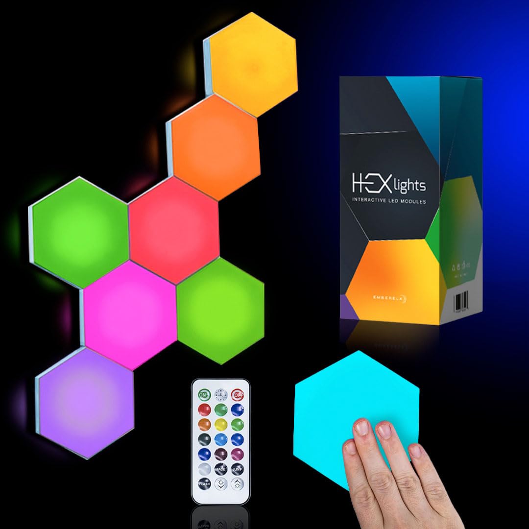 

Emberela HEXlights Набор из 7 шестиугольных светильников, RGB настенные панели с сенсорным и дистанционным управлением, шестиугольные светодиодные панели - Гостиная, Спальня, Игровая комната