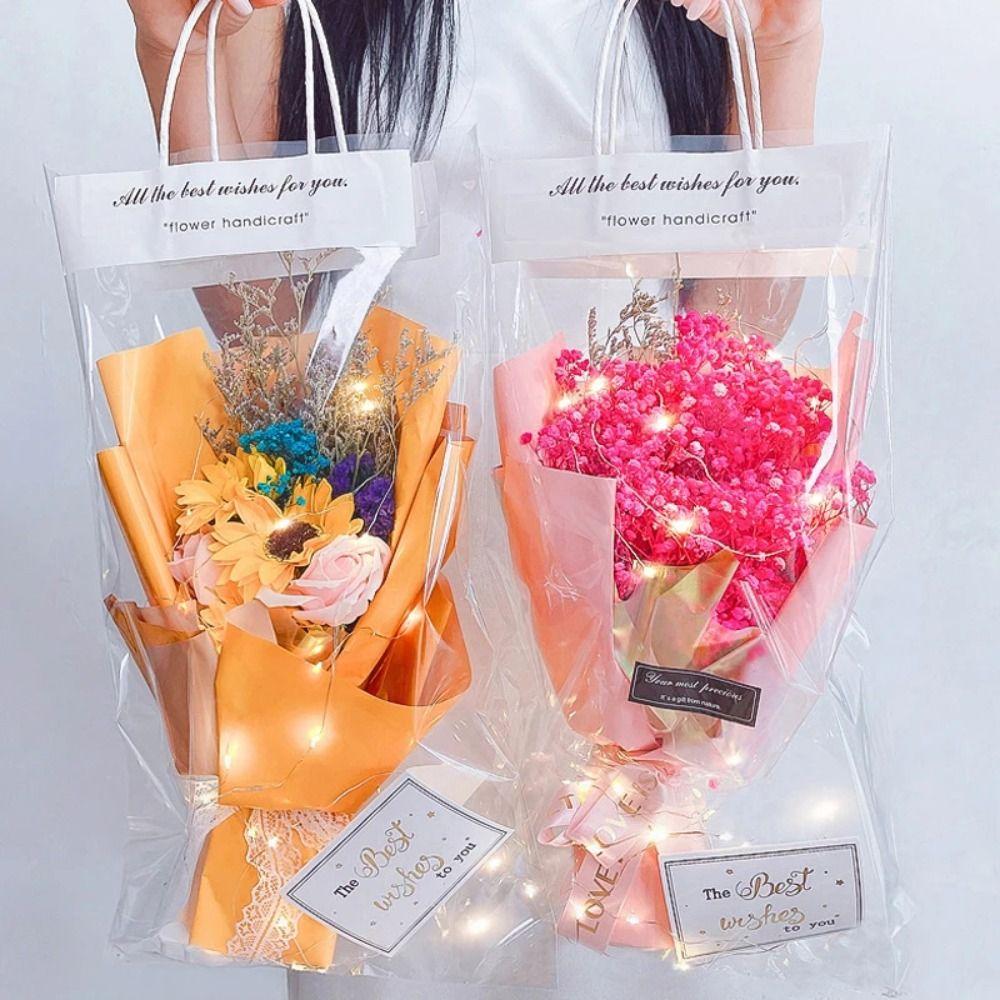 Transparent Transparent PVC Handbag Water Proof Fresh Flower Flower Packaging Bag Hand-held Design Single Stem