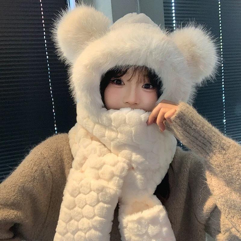 New Winter Bear Hat Girl Windproof Scarf Gloves Plus Velvet Bike Warm Artifact Integrated with Cold Protection