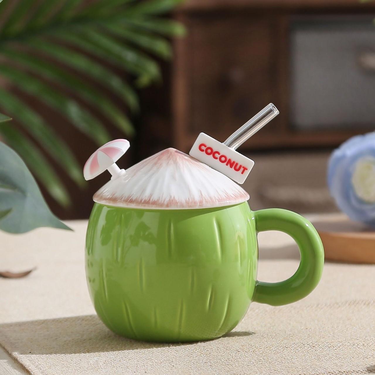 430ml Large Capacity Creative Ins Style Summer Coconut Shaped Mug, Cute Ceramic Cup with Lid and Straw Coffee Mug 430ml