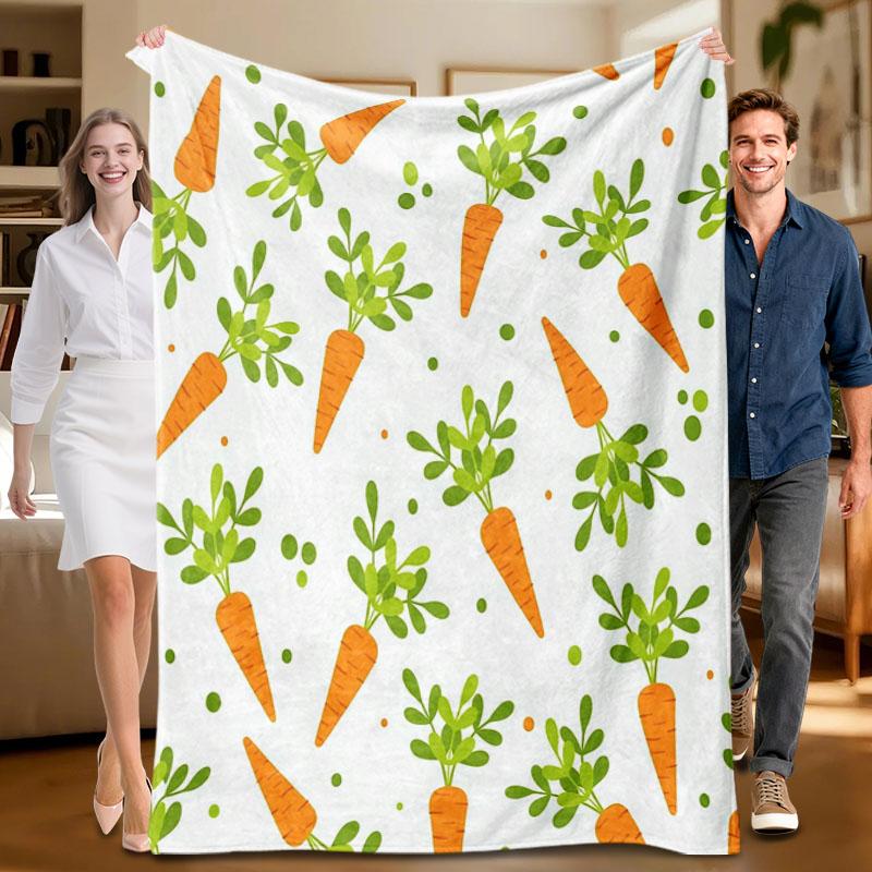 

1 piece carrot-themed soft flannel blanket, white with orange and green, suitable for sofa, bed, office, all-season use. 70x100cm