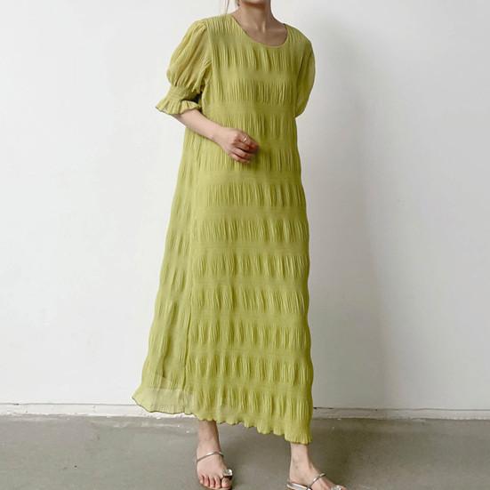 Lady Summer Dress Short Lantern Sleeves Chiffon Textured Loose Patchwork Ruffle Solid