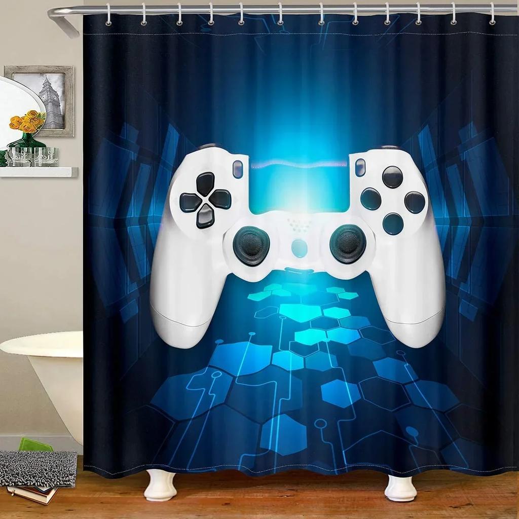 Modern Gamer Shower Curtain Video Game Controller Bath Curtain Room Decor Bright Colorful Geometry Waterproof Bathroom Curtains