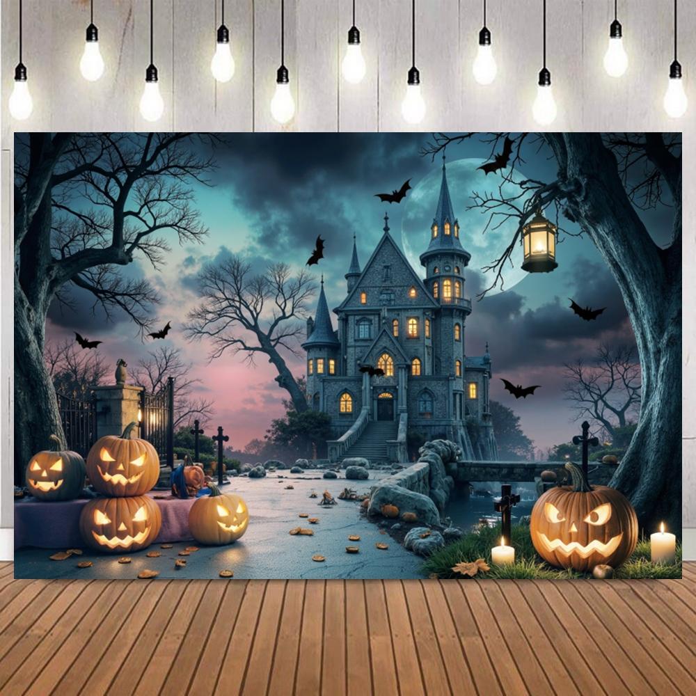 Background Halloween for Photography Night Dark Forest Castle Full Moon Pumpkin Lantern Bat Family Friends Party Photo Backdrops10