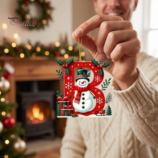 Holiday Party Scene Hanging Supplies 26Pcs Christmas Alphabet Ornament Set, 2D Acrylic A-Z Letters with Custom Xmas Tree Decor Santa Hat Snowman