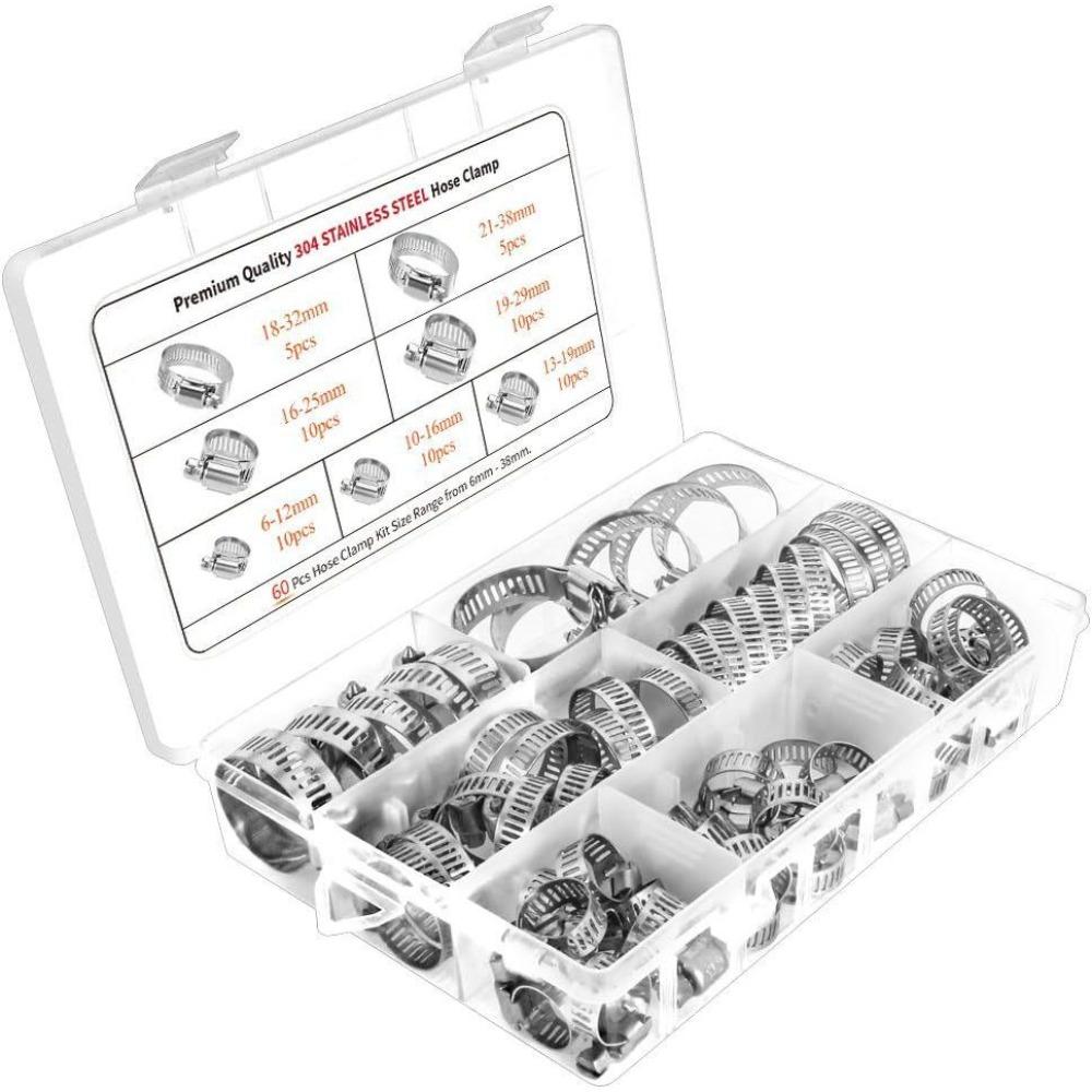 60PCS304 Stainless Steel American Throat Hoop Pipe Clamp Set 6mm-38mm Clamp Hoop Box