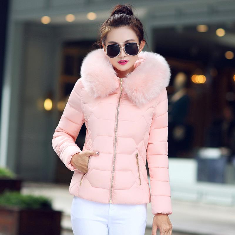 Women's Winter Hooded Short Cotton Jacket with Fur Collar - Slimming and Warm