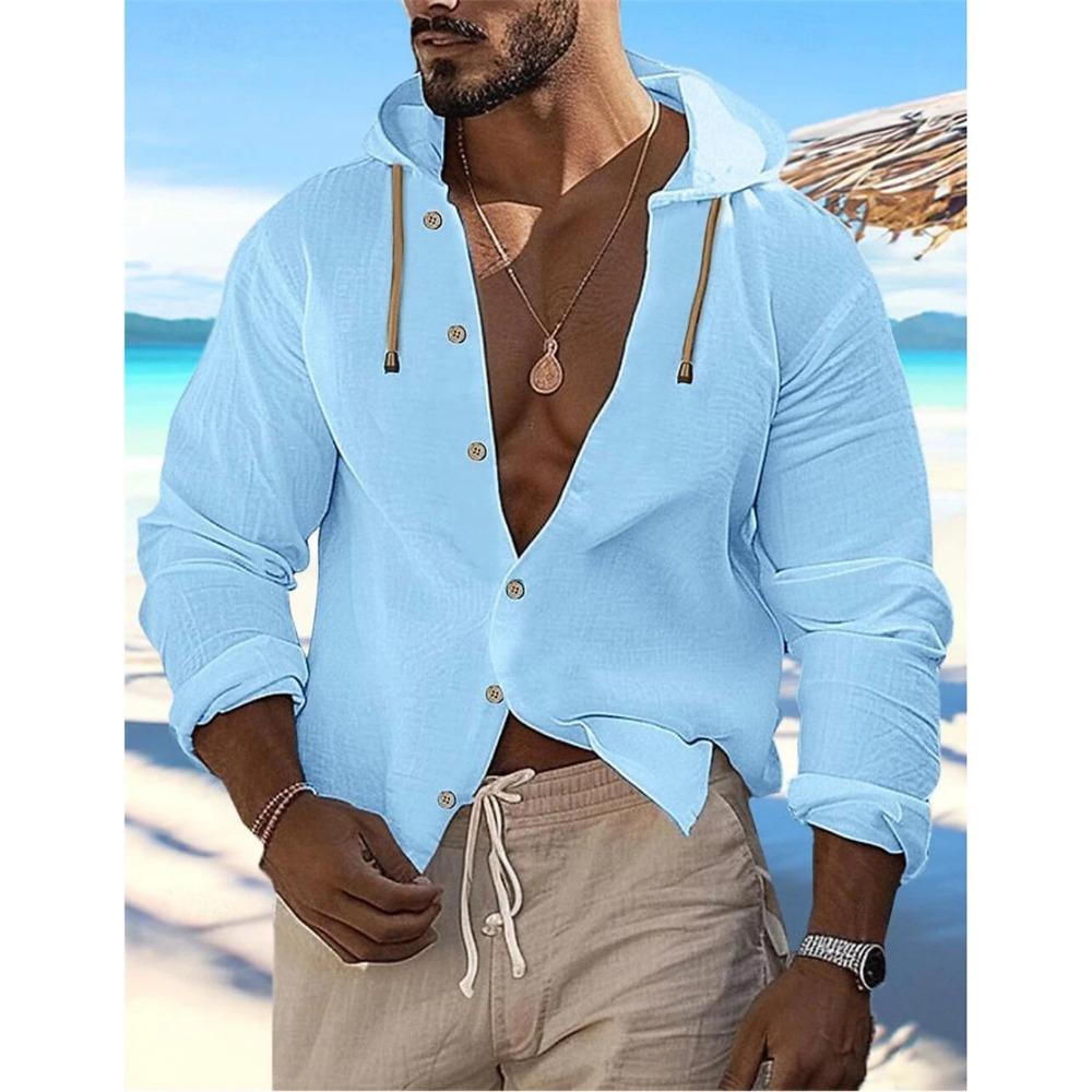 New Style Spring and Summer Men's Hooded Inch Shirt Solid Color Cotton Linen Men's Casual Long-sleeved Top