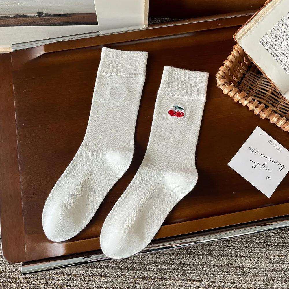 Embroidery Cherry Women Socks Japanese Fashion Knitted Cotton Black White Long Socks Women Sweet Girl Lolita Kawaii Ruffle Socks