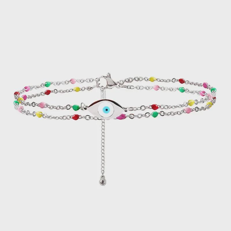 

Bohemian Summer Double-Layer Braided Anklet with Colorful Evil Eye – Non-Fading Beach Foot Jewelry for Women