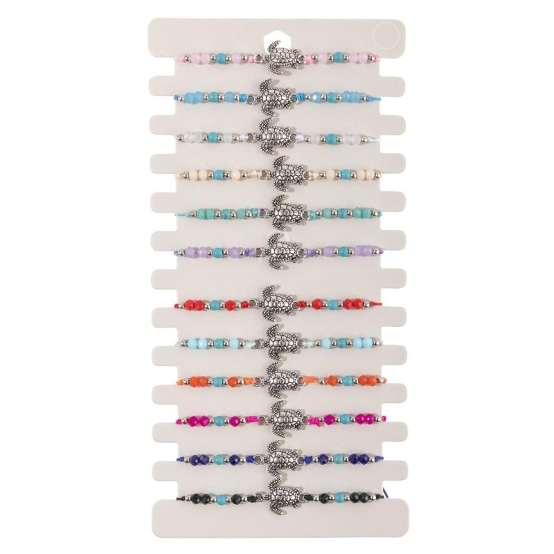 12PCS Handwoven Turtles Theme Bracelet Set Adjustable Wristbands Mixing Alloy Turquoise Stones Crystal Wood Bead Texture