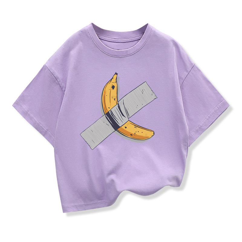 Children's clothing banana hanging on the wall pattern, children's fashion short sleeved T-shirt, popular design, children's round neck loose T-shirt