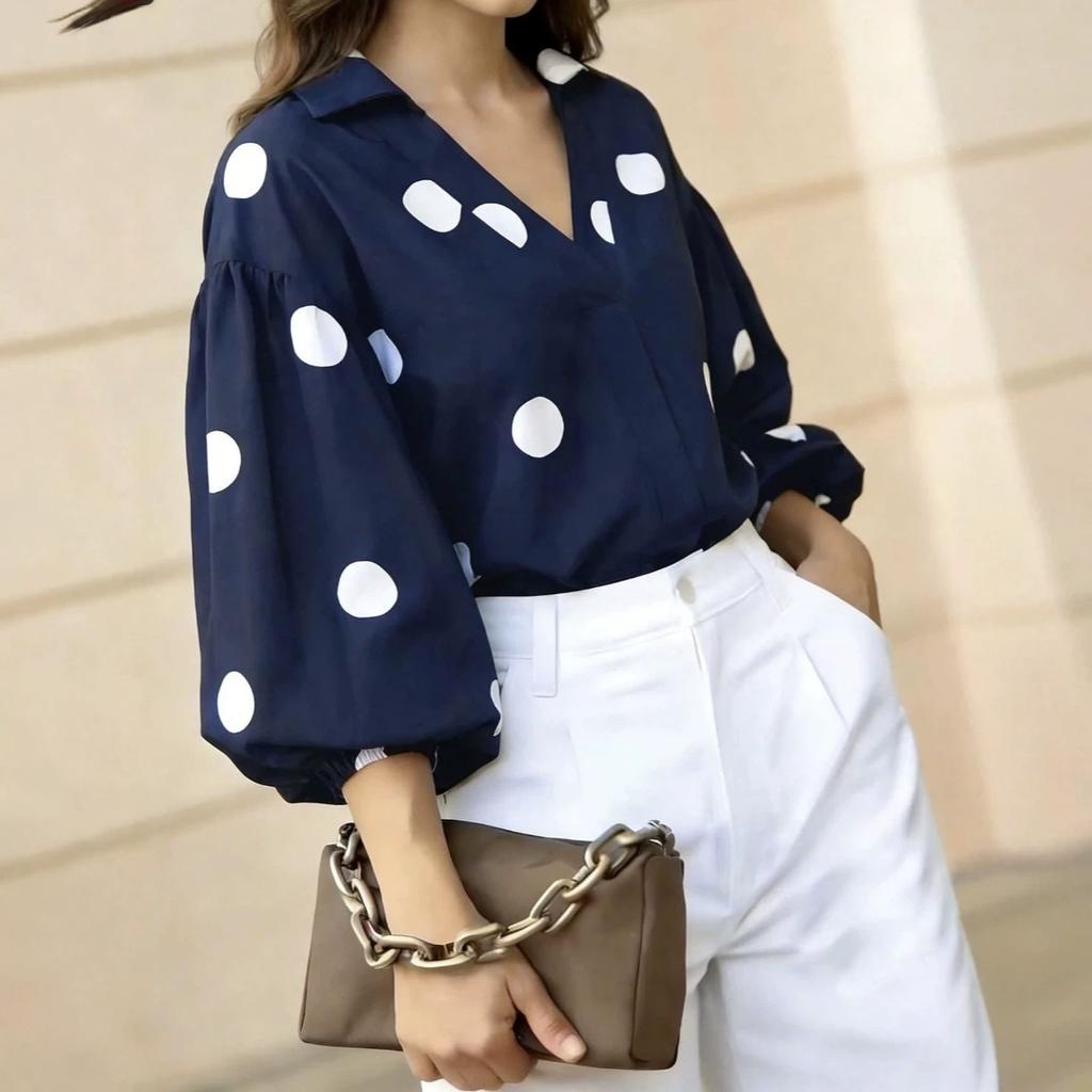 European and American new polka dot temperament loose shirt v-neck fashion loose lantern sleeve commuter versatile top