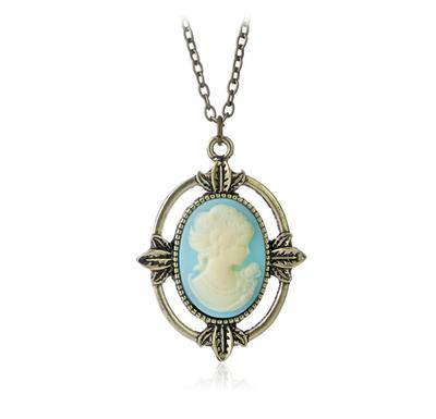 Nauji vintažinio stiliaus bronziniai šviesiai mėlyni Cameo karoliai The Vampire Diaries Katherine Beauty galvos pakabukas moterims