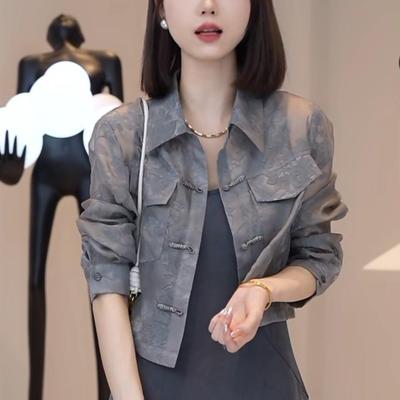 2024 Summer Women's Chinese Style Printed Button-Down Long-Sleeve Slim Sunscreen Shirt