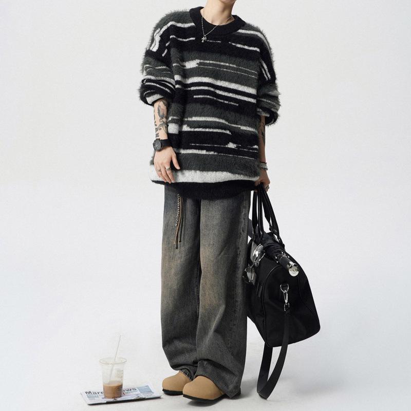 European Plus Size Mink Velvet Striped Knit Men's Sweater - Soft, Fluffy, Trendy for Autumn/Winter