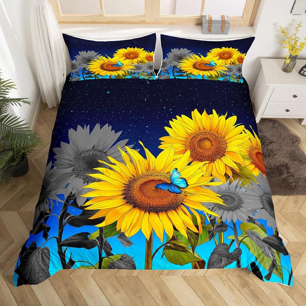 Sunflower Bedding Set For Kids Girls Boys Black White Milk Cow Print Comforter Cover Spring Summer Floral Duvet Cover