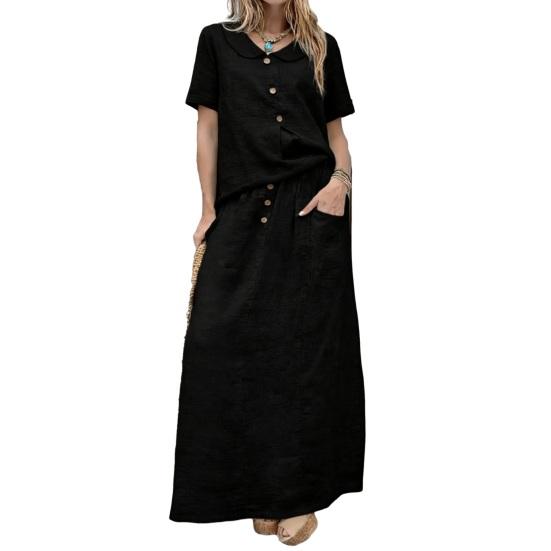 Women's 2 Piece Skirt Set Cotton Linen Short Sleeve Top And Maxi Skirt Matching Sets Summer Casual Vacation Outfits with Pockets