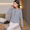 Women Tops Round Neck Zipper Half Placket Long Sleeve Pullover Tops Solid Color Shiny Sequins Loose Fit Blouse