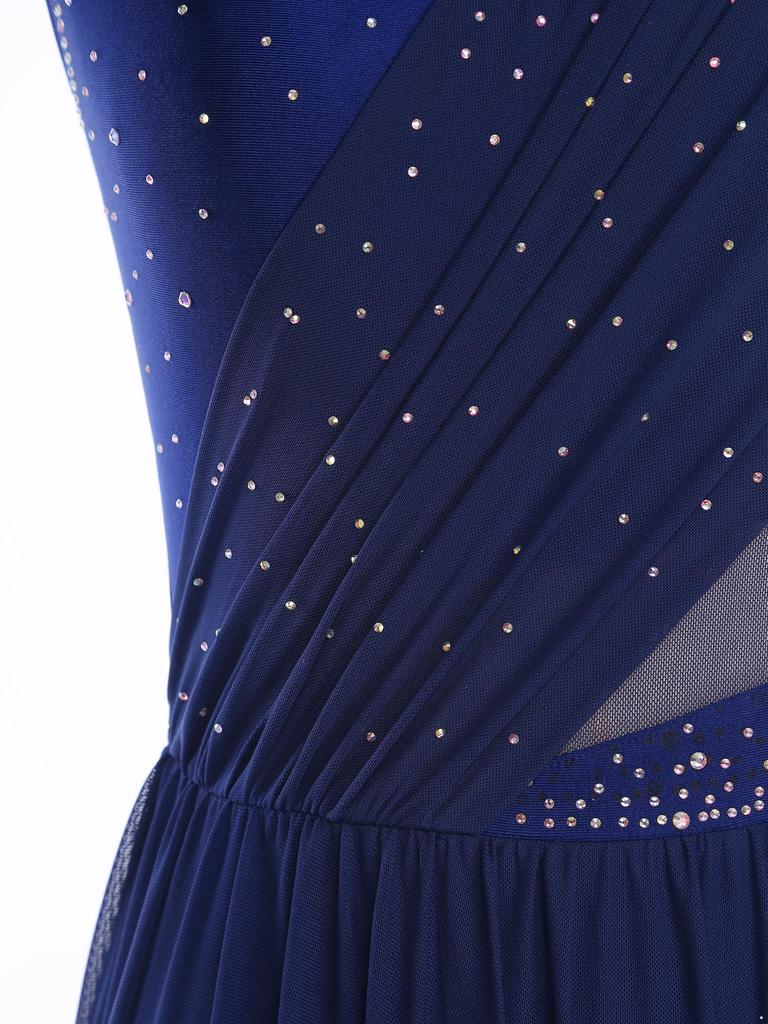 Womens Lyrical Dance Costume Sparkle Rhinestone Irregular Mesh Ruffled Skirt Built In Briefs Dress