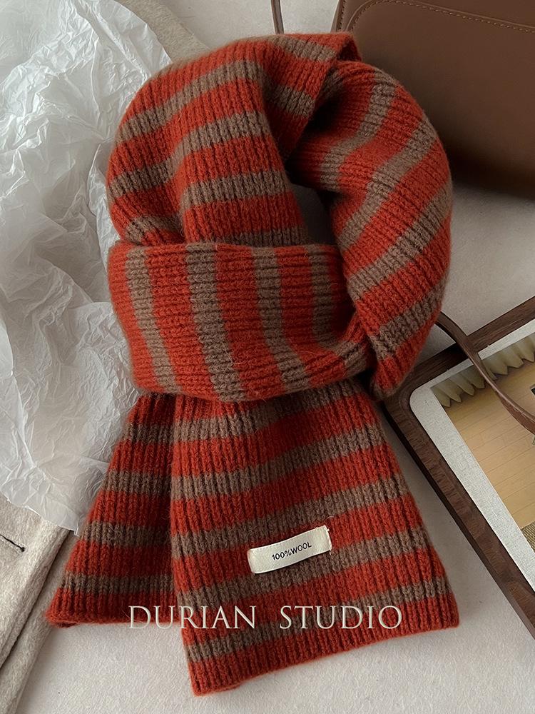 Зимний теплый полосатый шарф из 100% чистой шерсти, вязаный утеплитель для шеи в корейском стиле