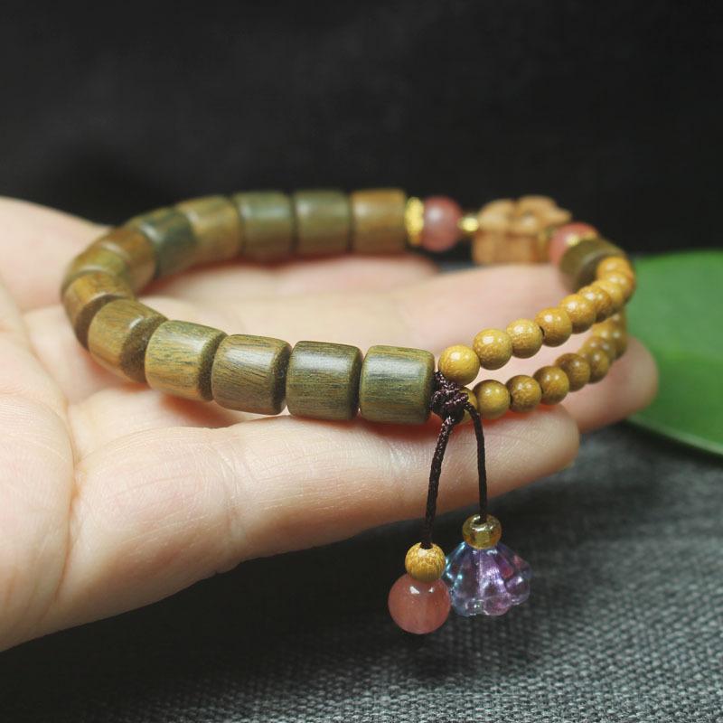 Fragrant Green Sandalwood Barrel Beads Bracelet Golden Wood Chinese Style Women Wooden Jewelry