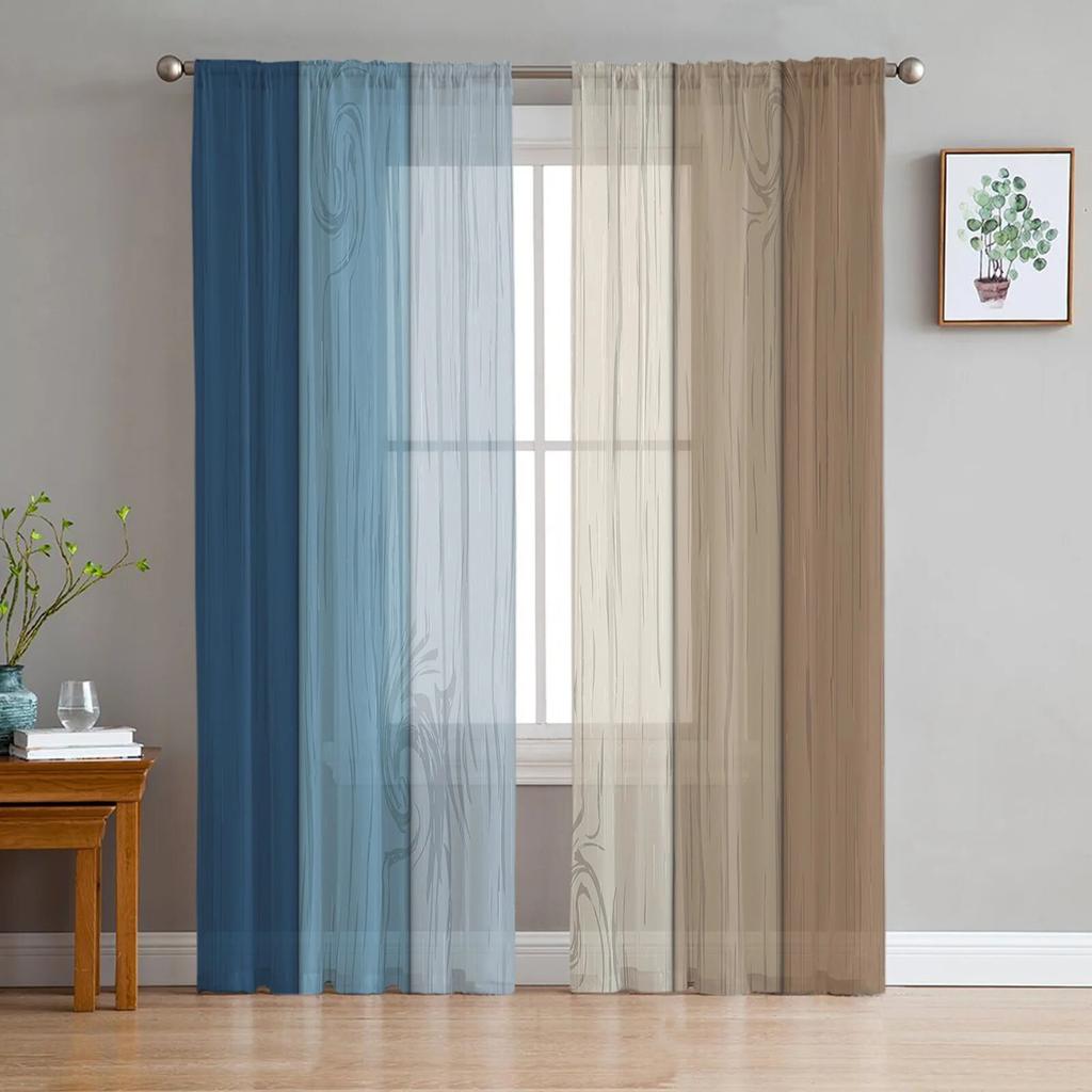 Retro Blue Brown Gradient Fashion Tulle Curtains for Bedroom Hall Decor Chiffon Curtain for Balcony Kitchen Home Drapes