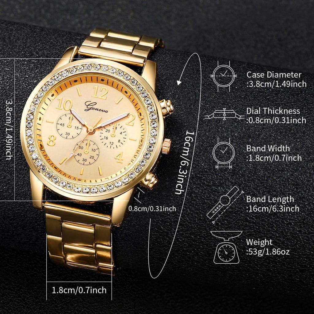 2PCs/Set Fashion Women's Stainless Steel Straps Watch Commuter Style Quartz Watch Bracelet Set Gold Rose Gold