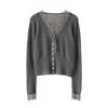 Women's V-Neck Cashmere Cardigan with Lace Trim - Short Knit Sweater Coat for Autumn/Winter
