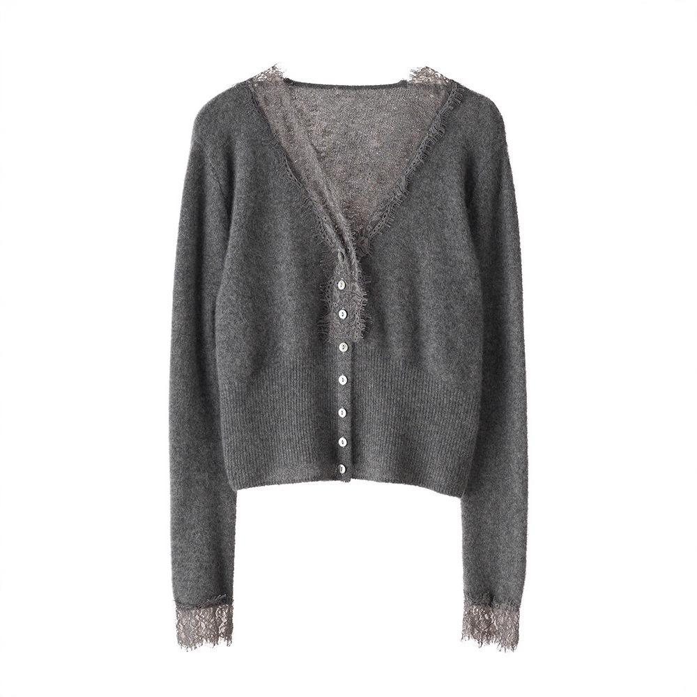 Women's V-Neck Cashmere Cardigan with Lace Trim - Short Knit Sweater Coat for Autumn/Winter