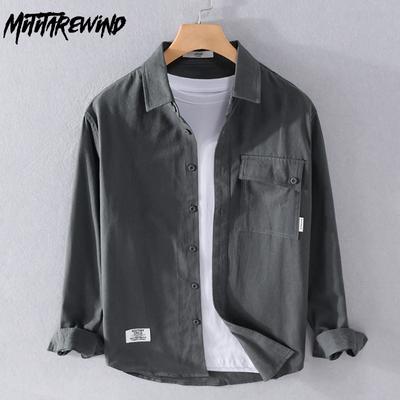 Spring and Autumn Long Sleeve Casual Men Shirts Simple Style Workwear Pure Cotton Men Clothing Pocket Lapel Collar Solid Color Shirt